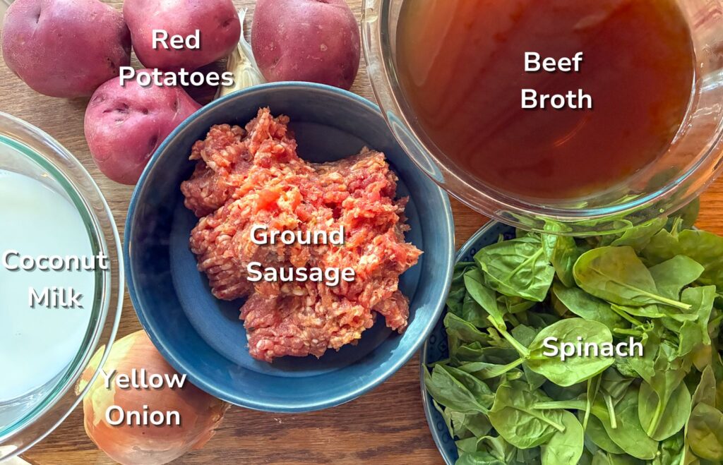 Ingredient shot in sausage, potato, and spinach soup