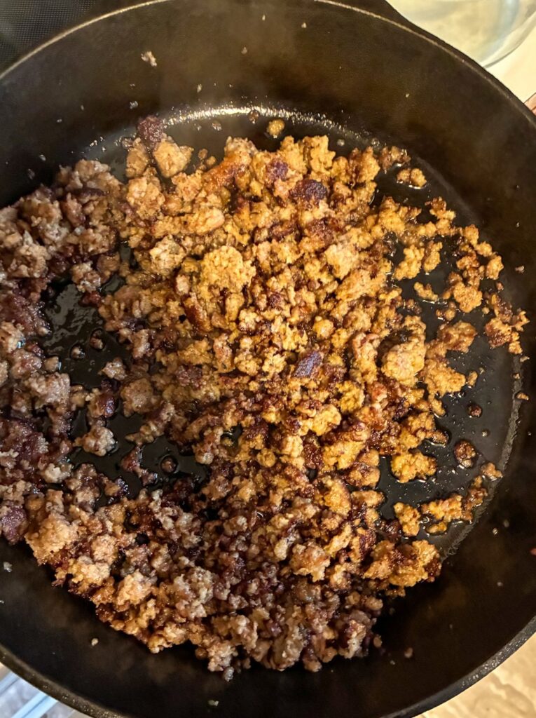 Sausage browned in a cast iron skillet