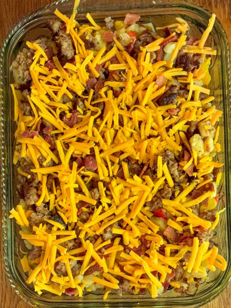 Breakfast casserole without eggs prior to being baked