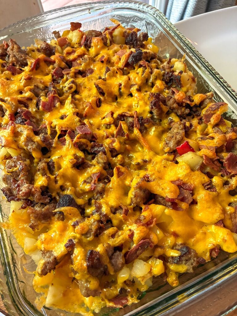 Breakfast casserole without eggs fresh out of the oven