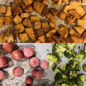 Cooked sheet pan meal with sweet potatoes, broccoli and sausage