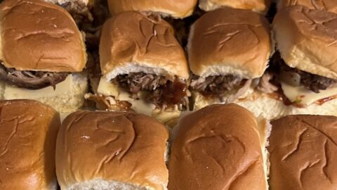 Pulled pork sliders on a sheet pan