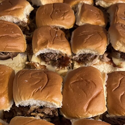 Pulled pork sliders on a sheet pan