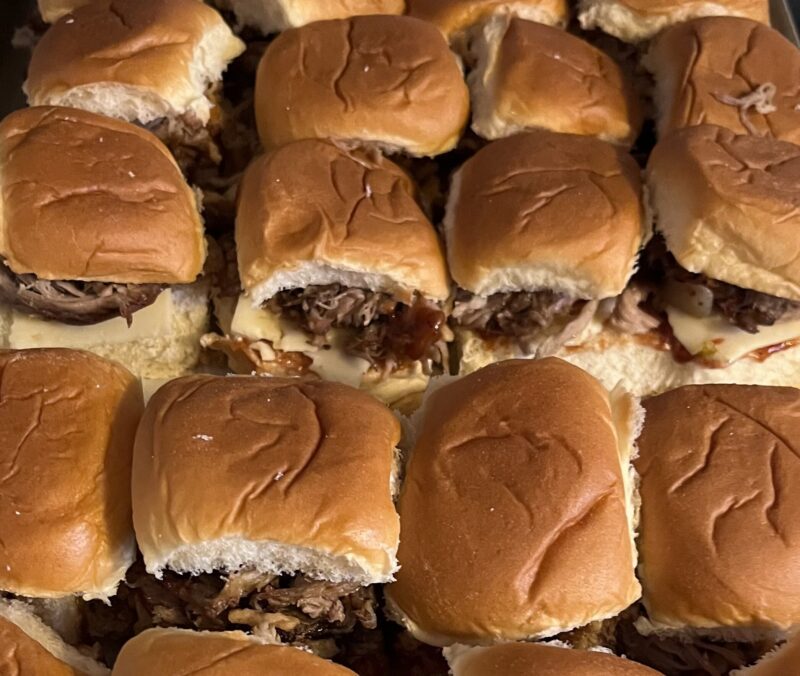 Pulled pork sliders on a sheet pan