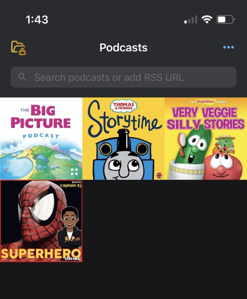 A picture of "big picture story bible, thomas and friends storytime, and very silly veggie tales, superhero stories podcasts