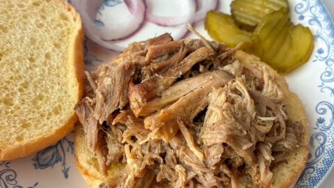 Dry rubbed pulled pork served on a sandwich bun with pickles and onions next to it
