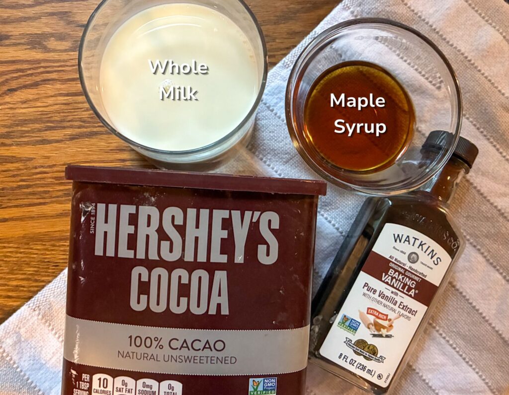 ingredients in homemade chocolate milk laid out on the table