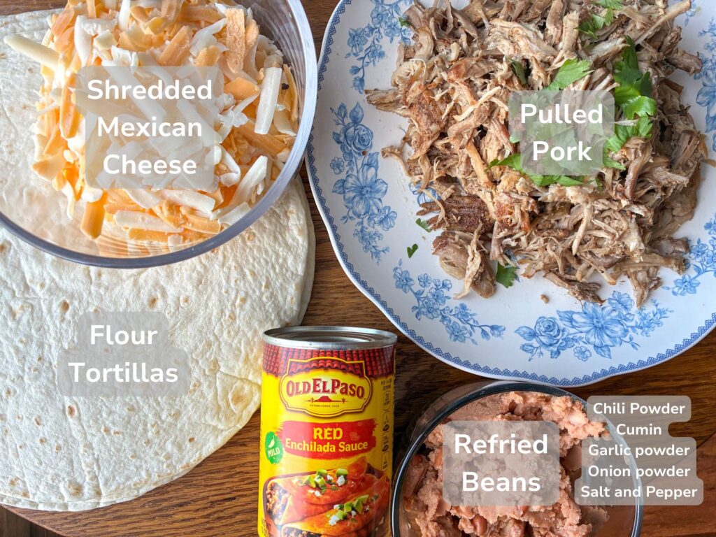 Ingredients for pulled pork enchiladas laid out on a table with labels for each ingredient