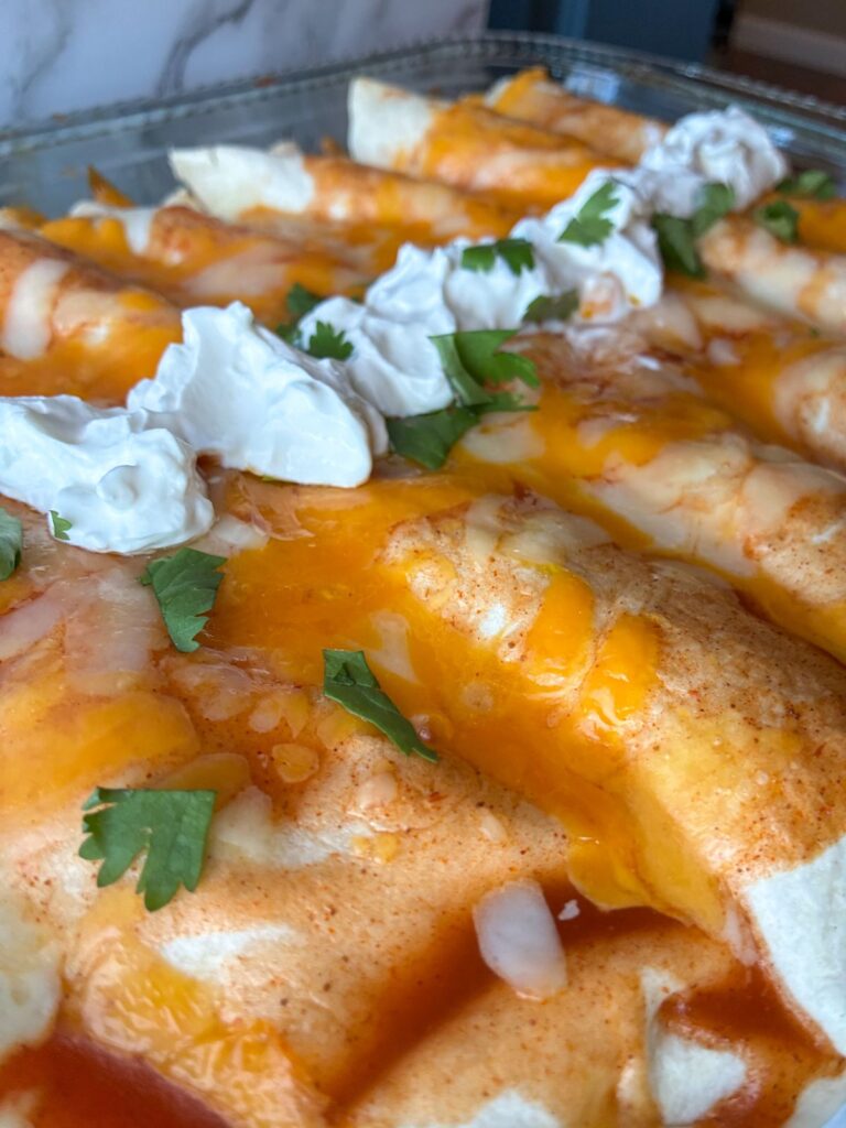 Up close picture of the finished pulled pork enchiladas