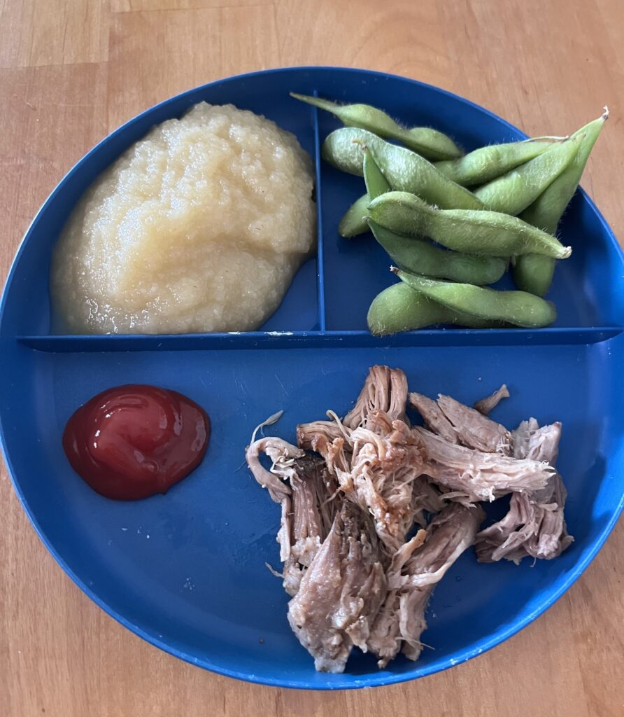 Preschool lunch on plate including pulled Pork, edamame, and applesauce