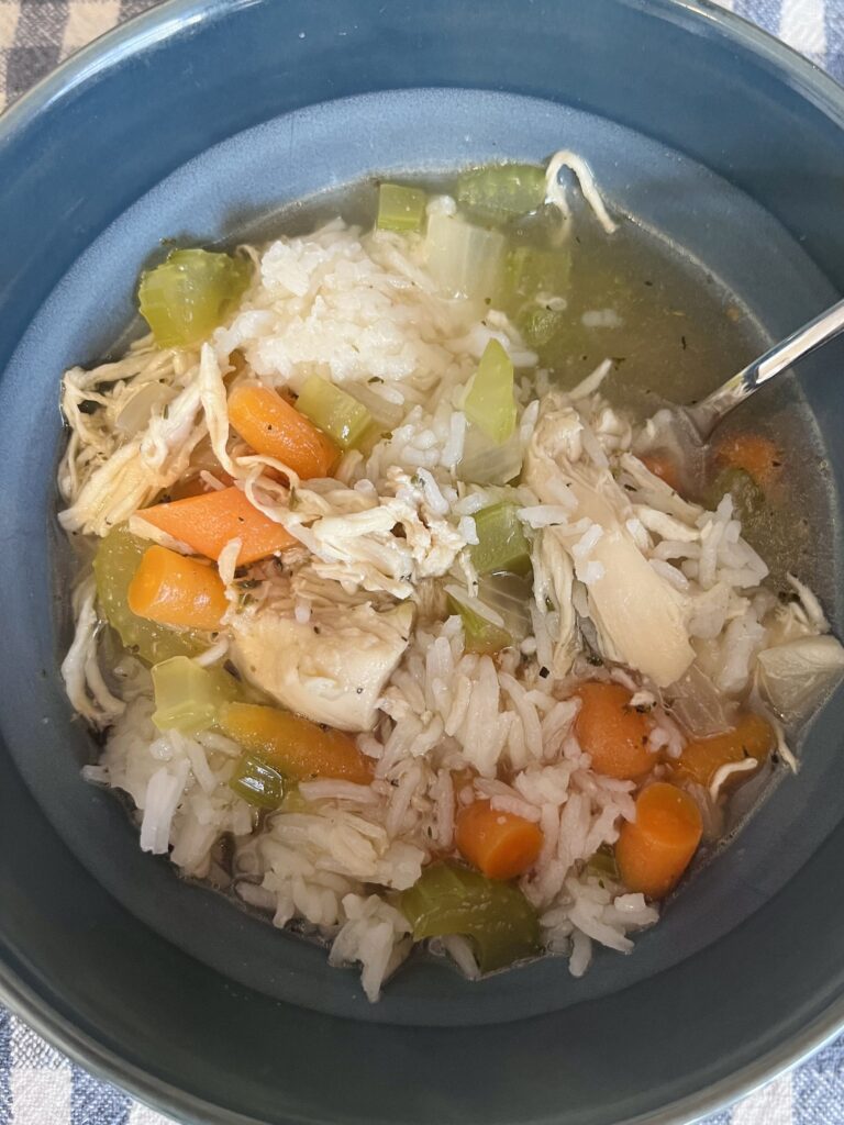 chicken and rice soup served in a bowl