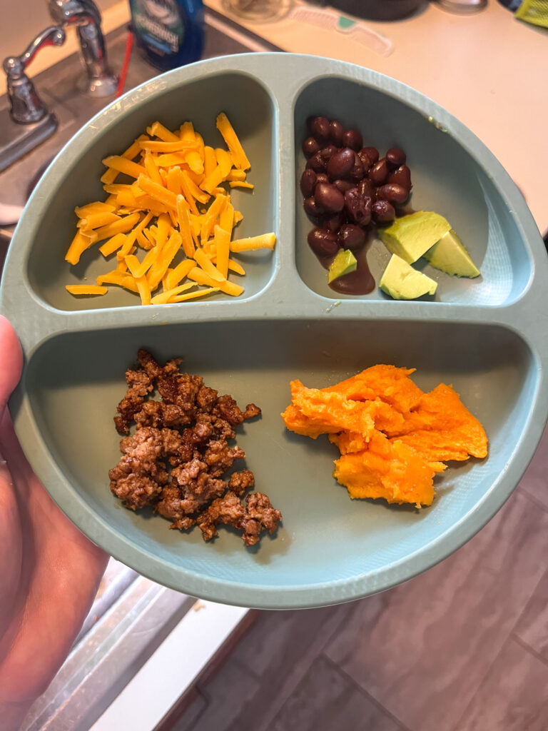 Toddler and preschool plate with sweet potato, taco meat, black beans, avocado and cheese seperated
