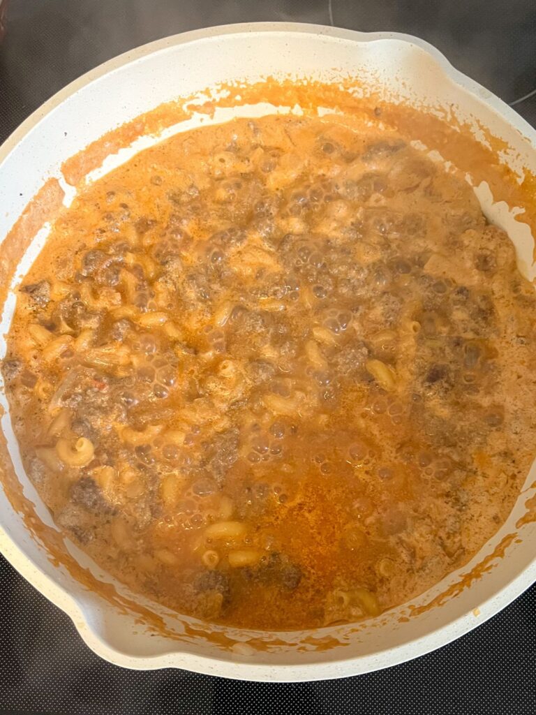 homemade hamburger simmering in the pot