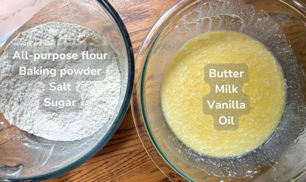 Ingredients in two large bowls with a label on them for eggless waffles
