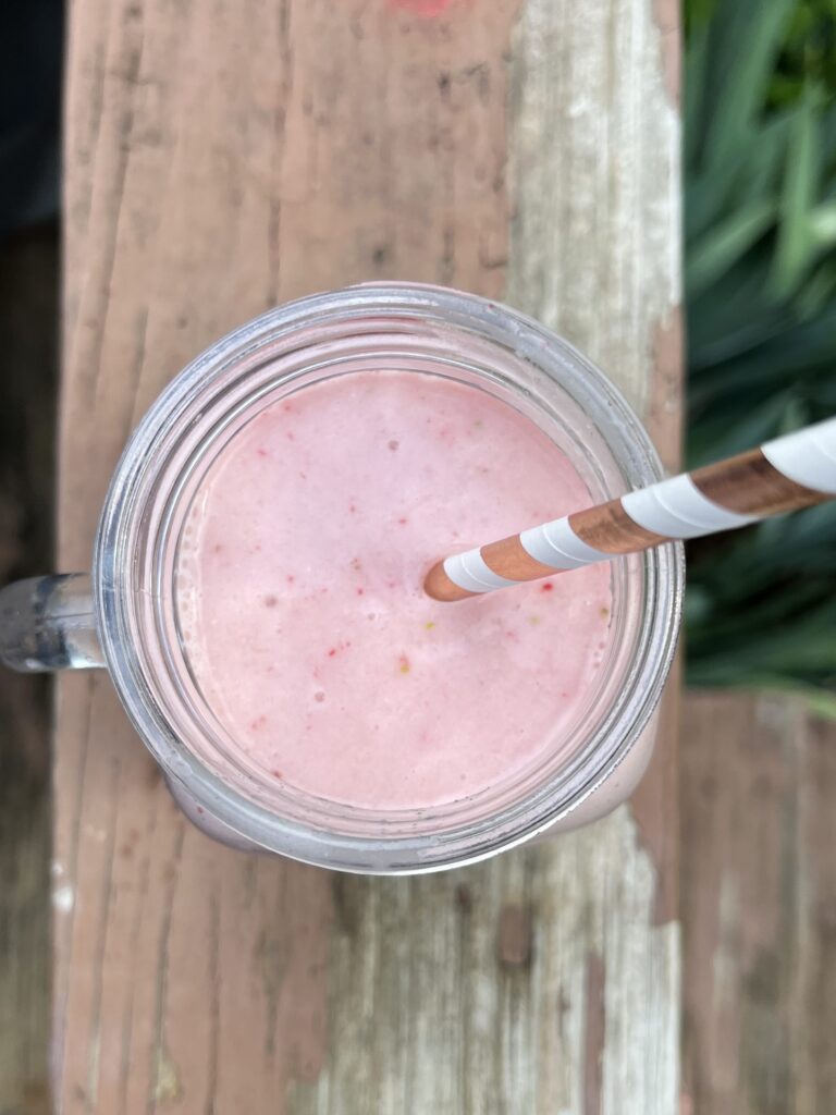 Top view of dairy free strawberry banana smoothie