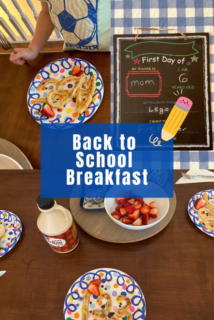 Collage of photos including pancakes with the letters ABC and numbers 123. A sign for back to school that a child can take a picture with