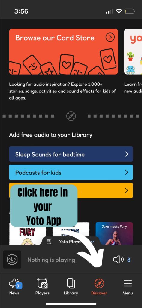 A screenshot of the yoto app to find the discover tab for free podcast downloads