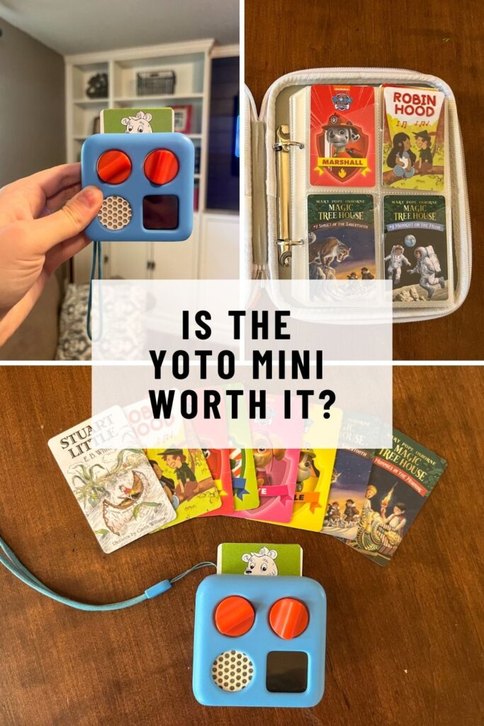 Pictures of the yoto mini and yoto cards in a carrying case