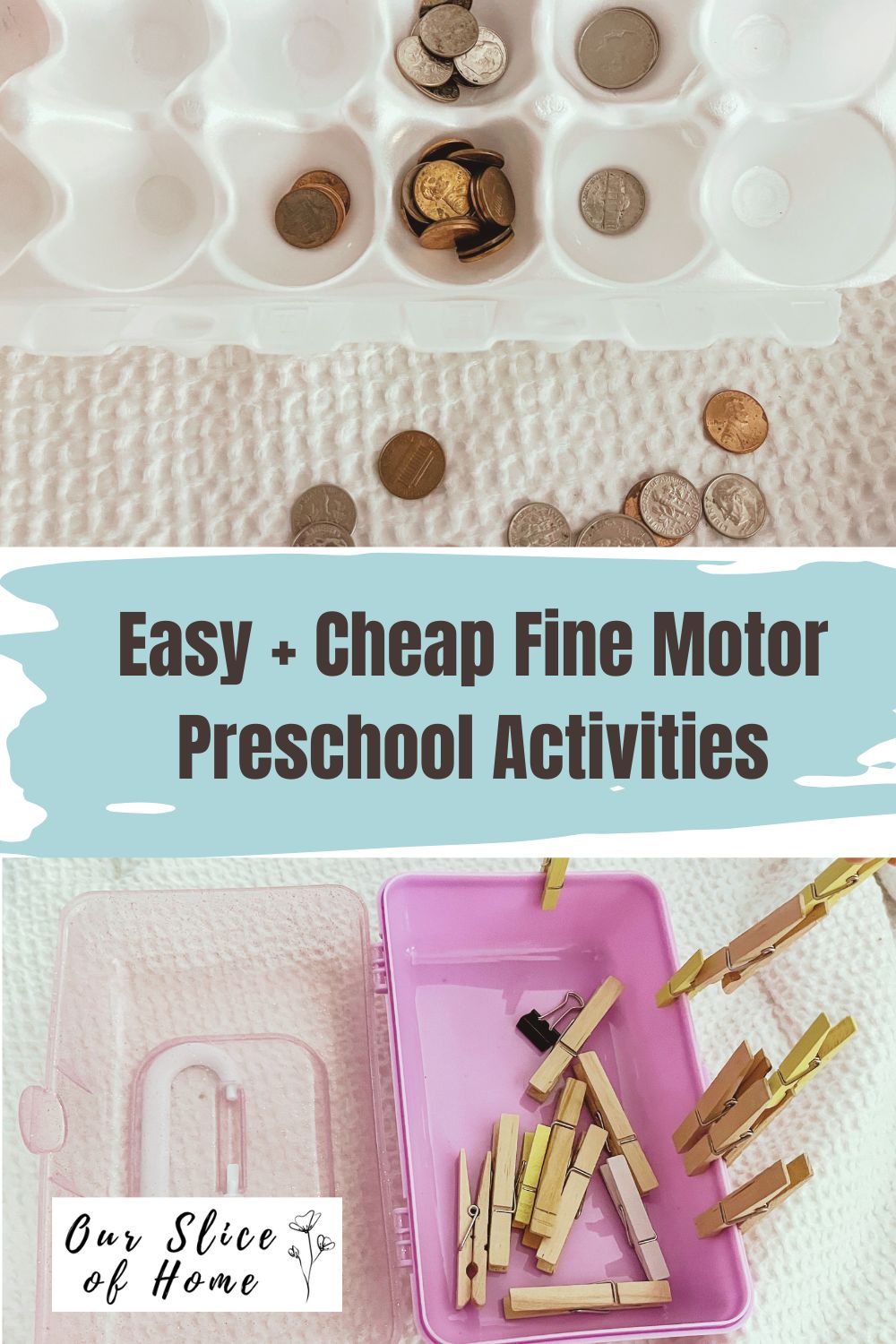 An empty egg carton with coins sorted into different compartments and clothes pins on a pencil case for easy preschool fine motor tasks