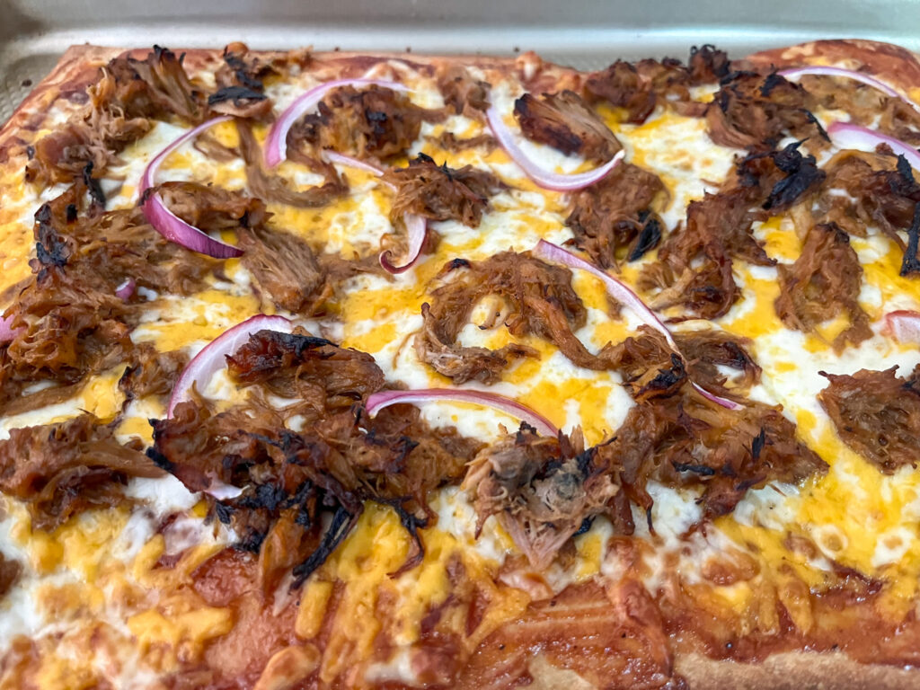 BBQ pulled pork pizza fresh out of the oven