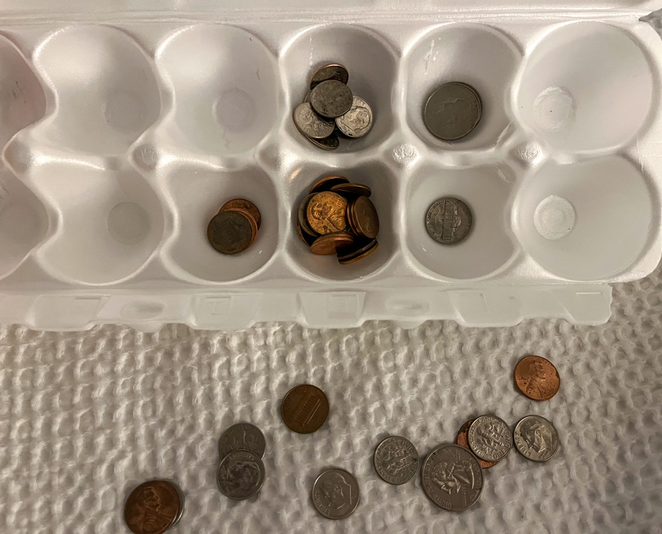 coins placed in egg carton for a fine motor activity