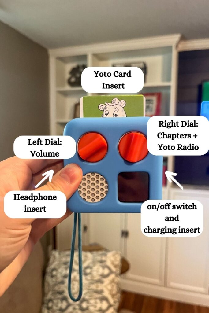 Description of all the parts of a yoto mini including volume dial, chapter dial, charging insert, and yoto card slot