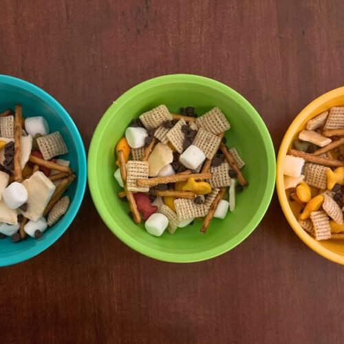 trail mix without nuts in 3 separate bowls