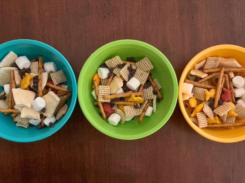 trail mix without nuts in 3 separate bowls