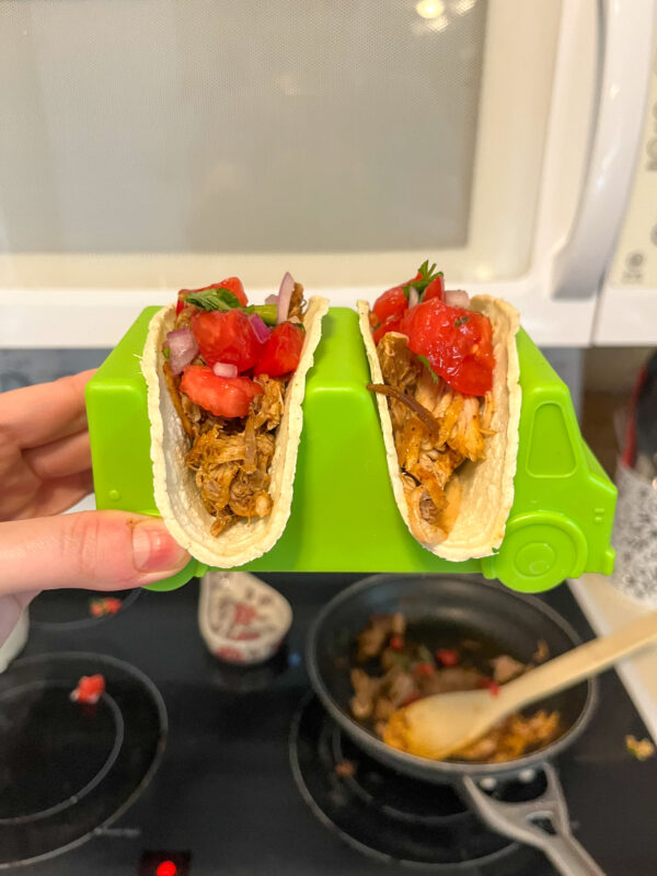 Leftover pulled pork tacos in a taco truck