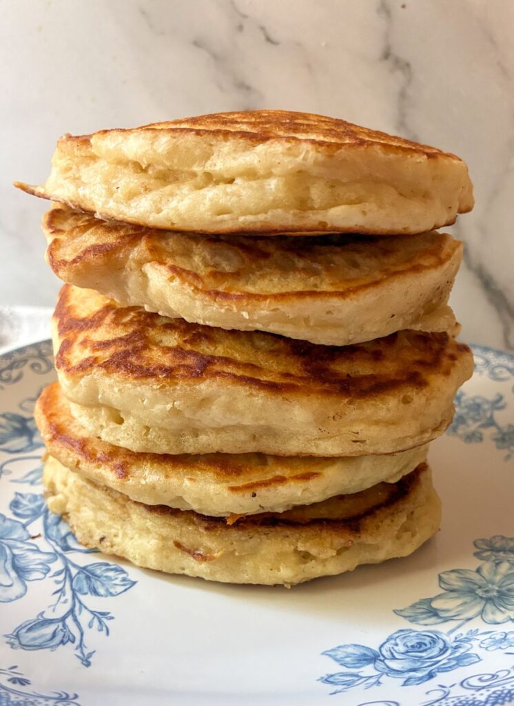 5 eggless pancakes stacked on top of each other