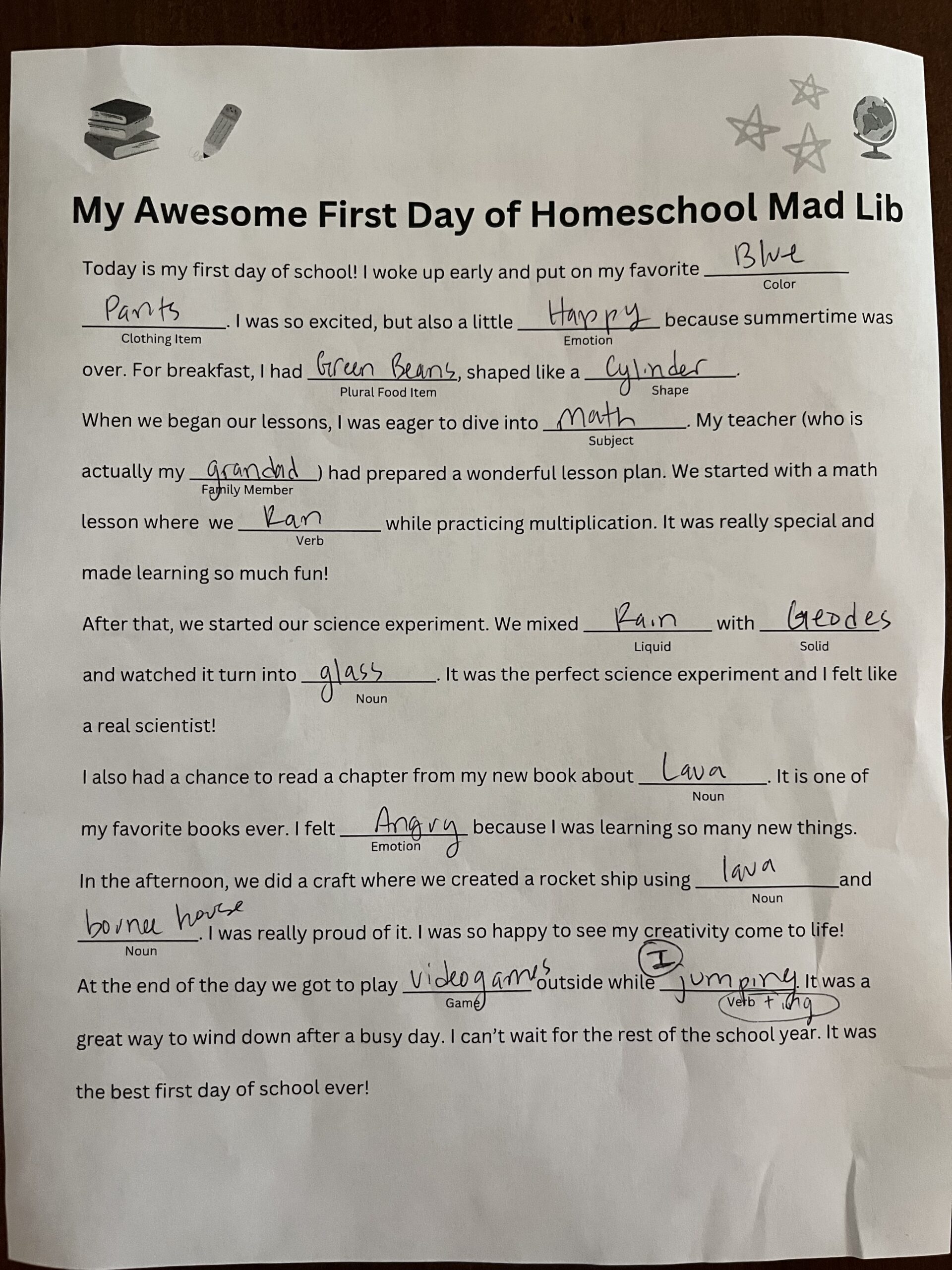 printed out and completed mad lib