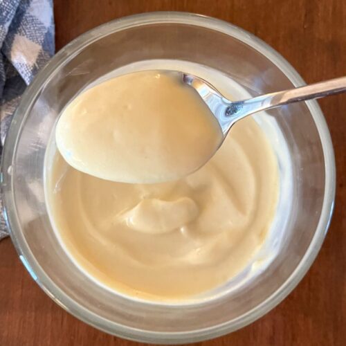 honey mustard dipping sauce (without mayo) served in a bowl with a spoon