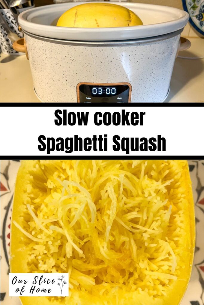 Picture of a spaghetti squash in a slow cooker and spaghetti squash cut in half