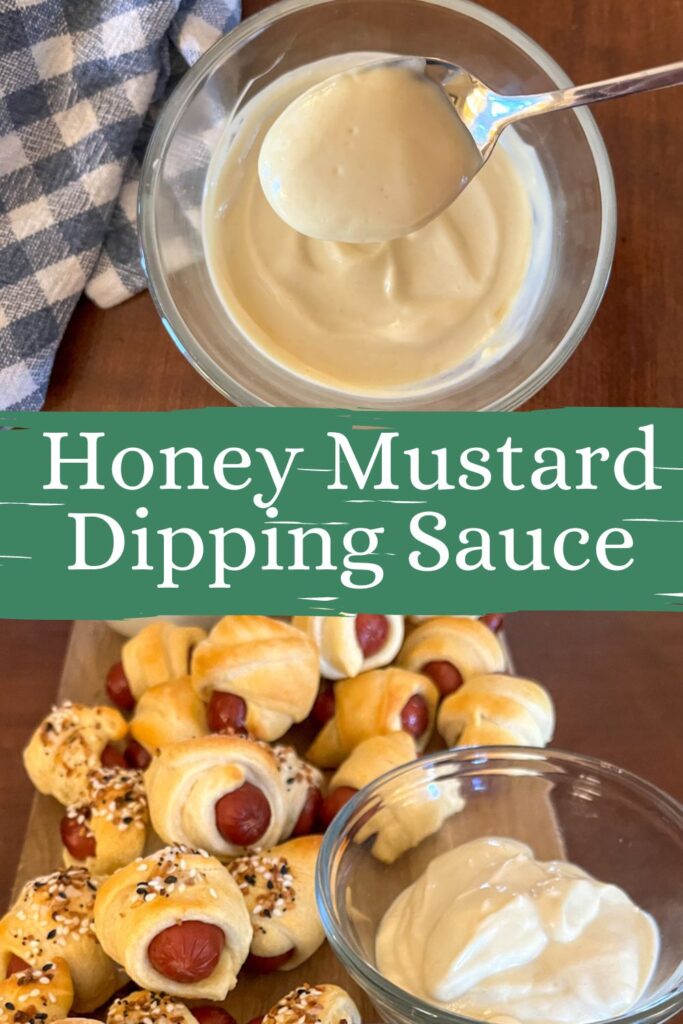 Honey mustard dipping sauce served in a bowl and on a platter with pigs in a blanket