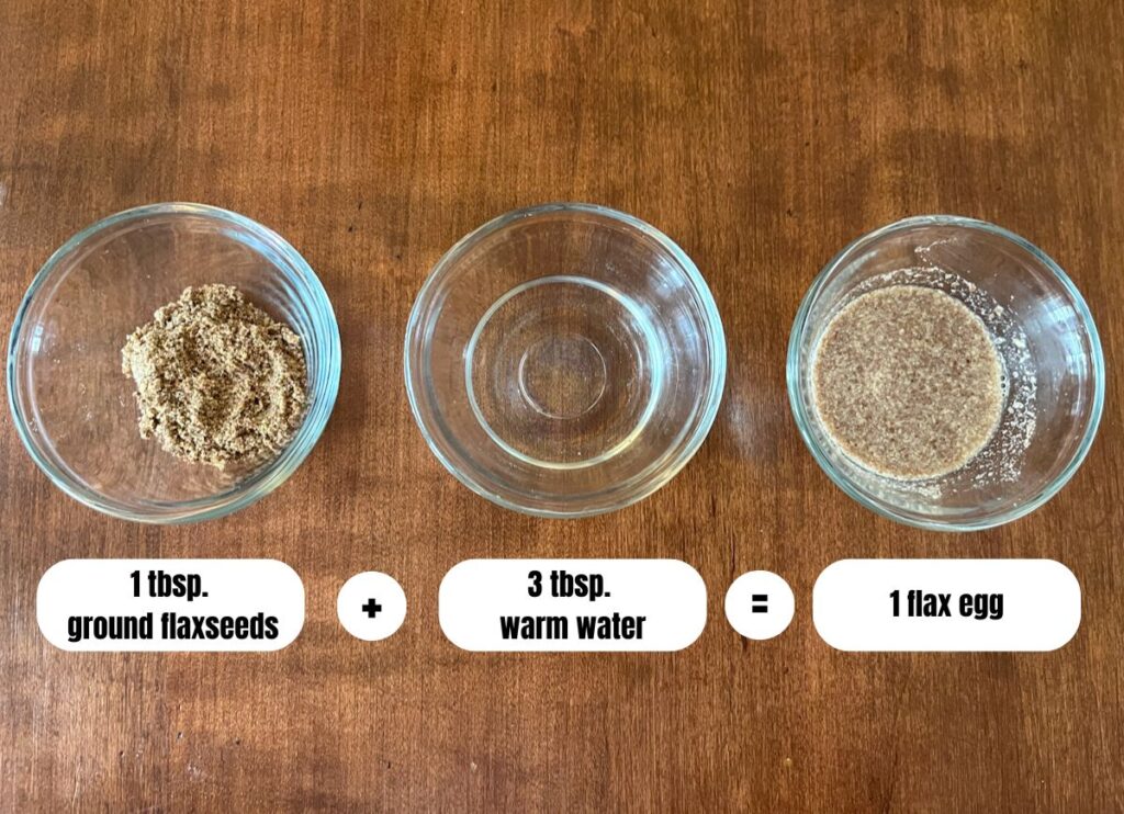 a picture of 3 small bowls. One containing ground flaxseeds, the next warm water, and the third bowl has a flax egg.