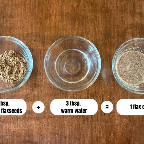 a picture of 3 small bowls. One containing ground flaxseeds, the next warm water, and the third bowl has a flax egg.