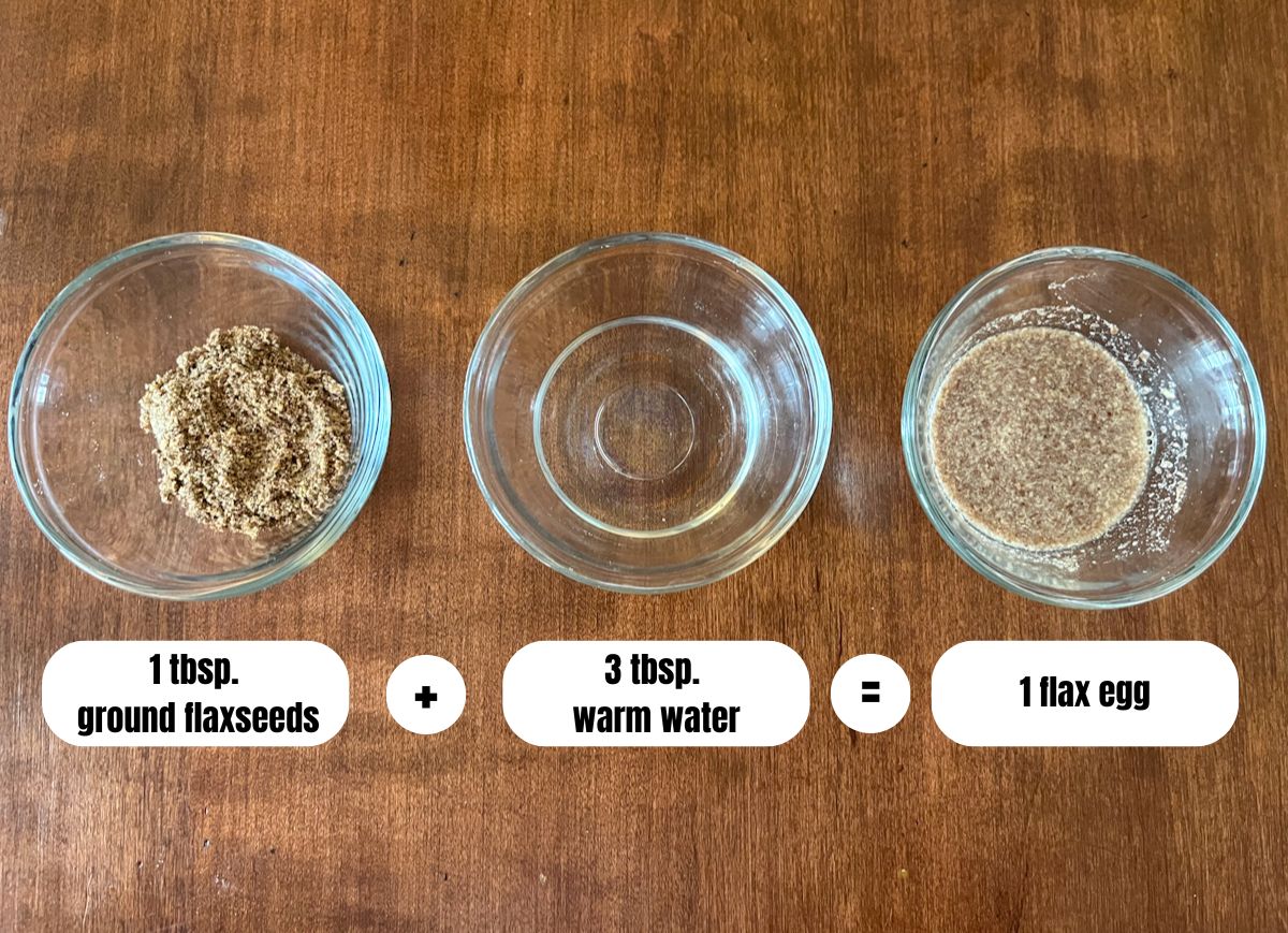 a picture of 3 small bowls. One containing ground flaxseeds, the next warm water, and the third bowl has a flax egg.