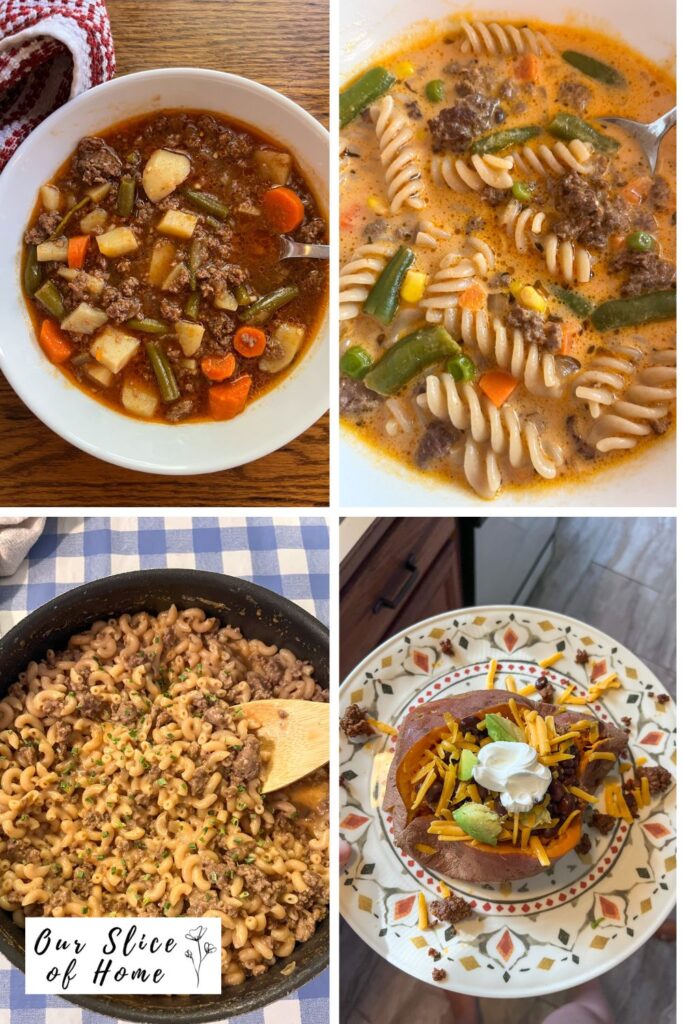 4 pictures of the different dinner recipes with ground beef including hamburger soup, creamy ground beef soup, hamburger helper, and a loaded sweet potato