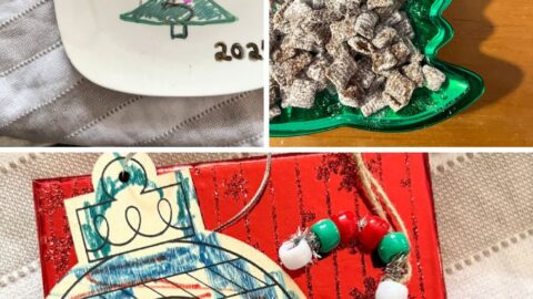 collage of homemade Christmas gifts including ornaments, puppy chow, and painted plate