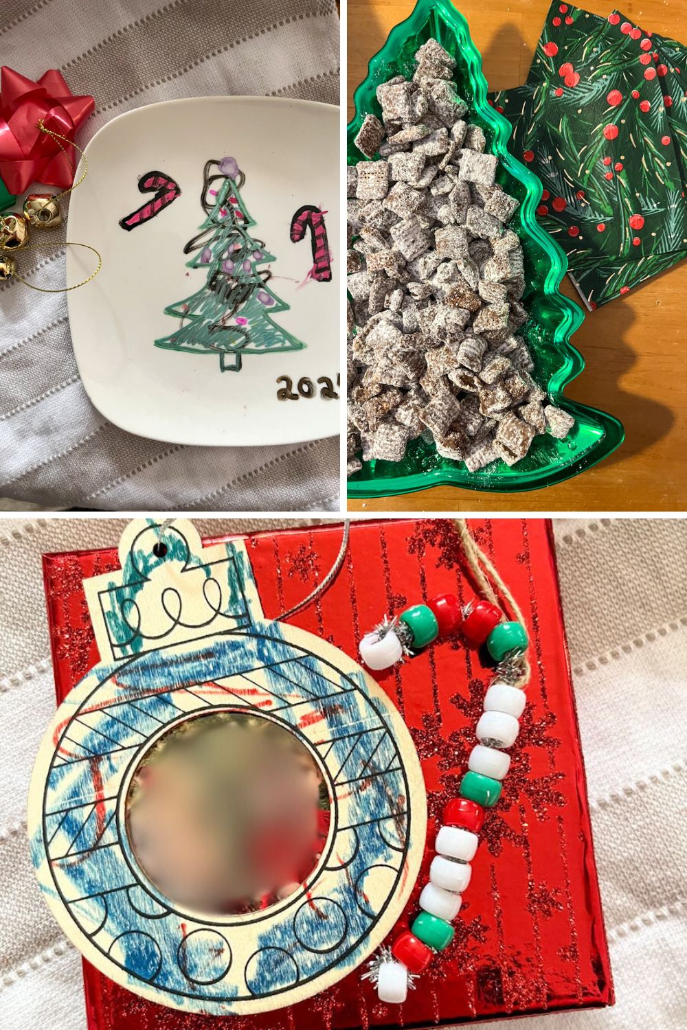 collage of homemade Christmas gifts including ornaments, puppy chow, and painted plate