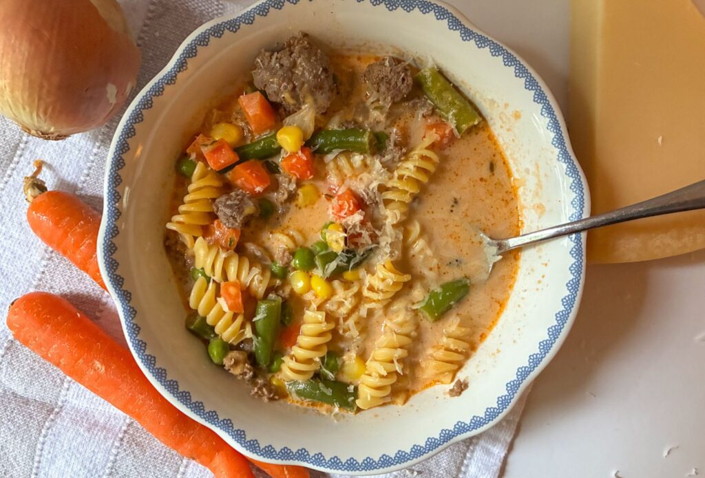 small bowl full of ground beef and noodle soup with carrots, onion, and parmesan cheese on the side.