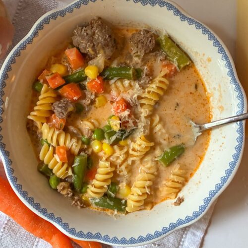 small bowl full of ground beef and noodle soup with carrots, onion, and parmesan cheese on the side.