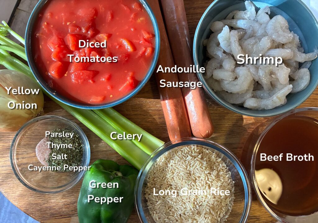 ingredients photograph all laid out on a table for jambalaya