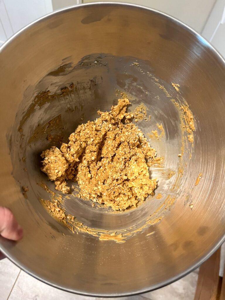 no bake protein ball ingredients mixed together in a large mixing bowl