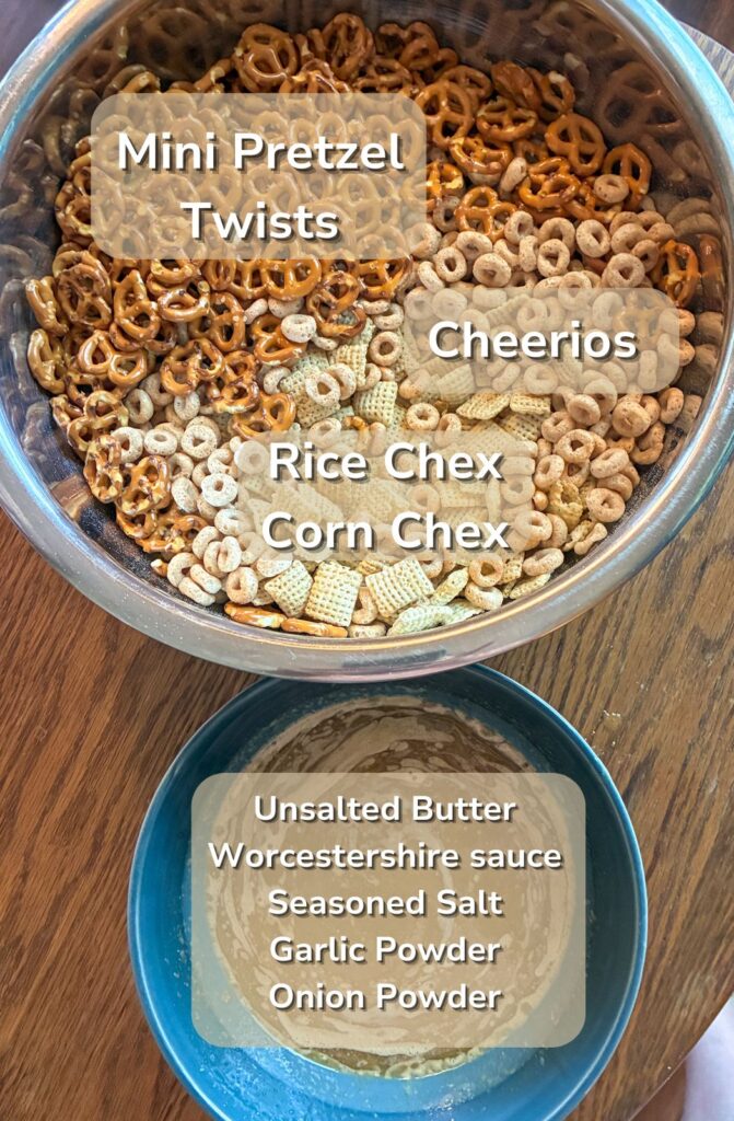 Two bowls with the ingredients for the recipe inside with text labels on top