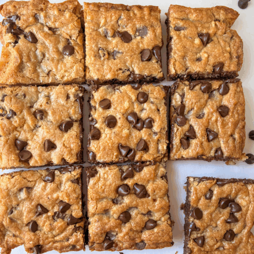 eggless chocolate chip cookie bars sliced into 9 squares