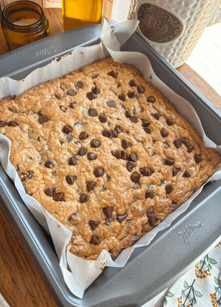 eggless chocolate chip cookie bars fresh out of the oven