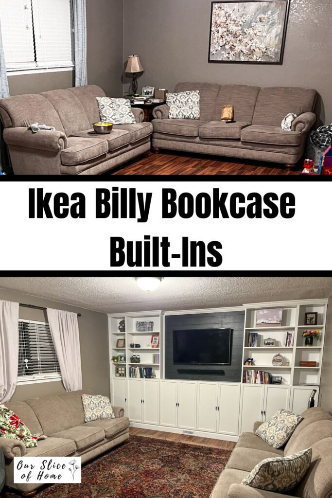 before and after picture of the living room with the billy bookcase built ins