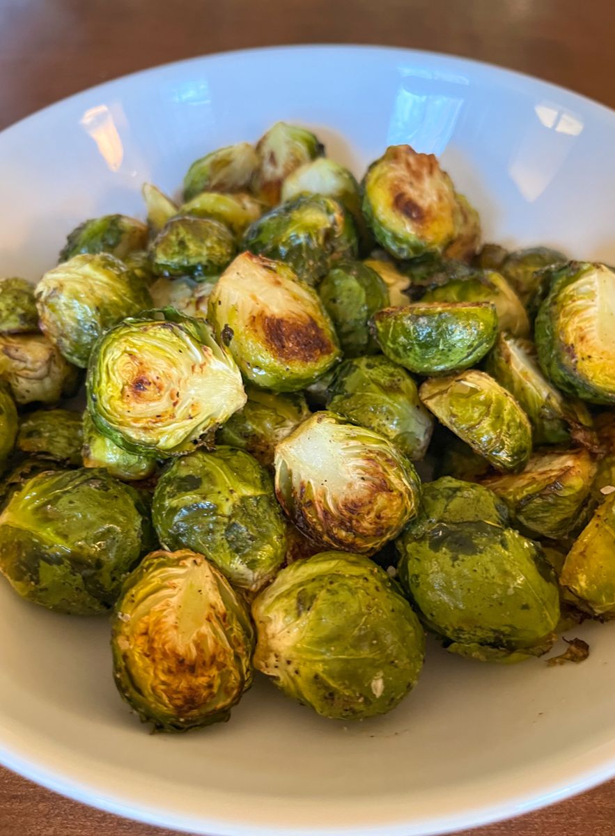 A bowl full of oven-roasted brussel sprouts