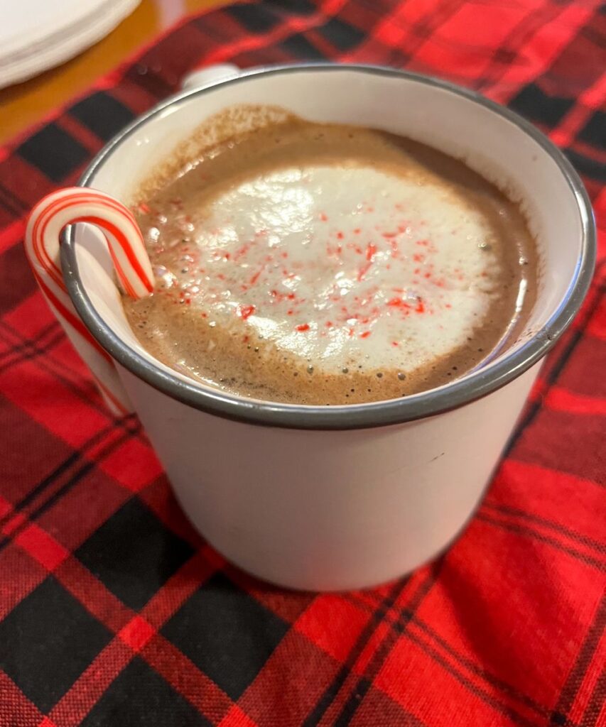 peppermint hot chocolate in a mug with a mini candy cane hanging from the cup